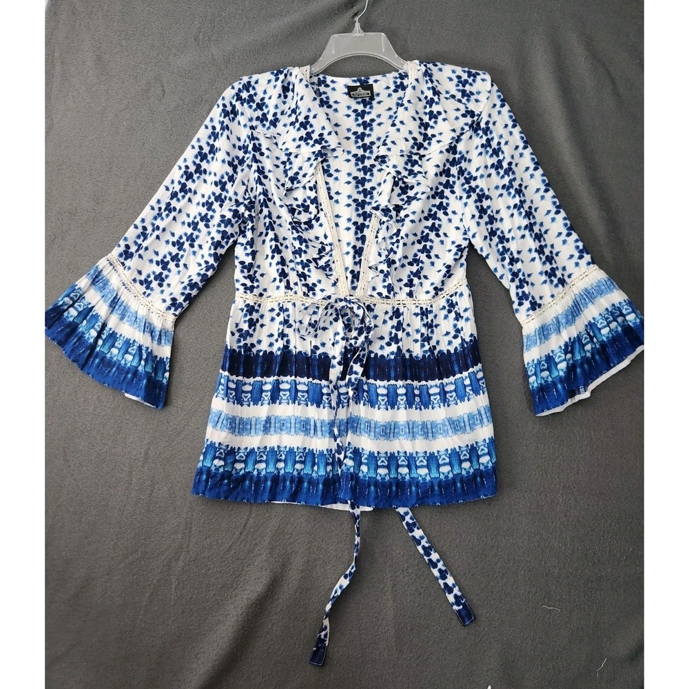 NWOT Angie Tie Front Top Womens Sz L White Blue Bohemian Boho Chic Bell Sleeve - Picture 2 of 10